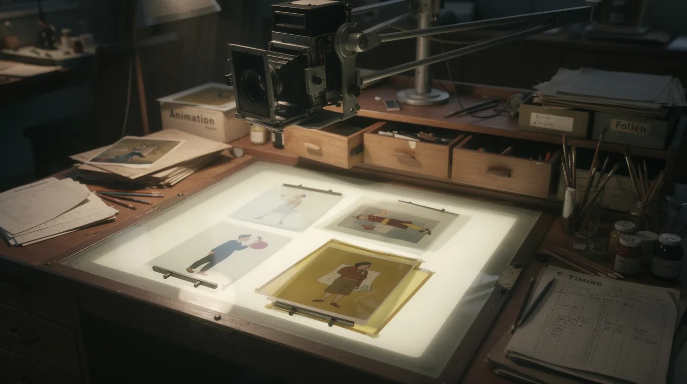 Das Bild zeigt einen historischen Animationsarbeitsplatz mit einer Kamera, die über einem beleuchteten Zeichentisch positioniert ist. Auf dem Tisch liegen durchsichtige Folien mit Figurenzeichnungen, die für die Erstellung von Animationsfilmen und Zeichentrickfilmen verwendet werden können.