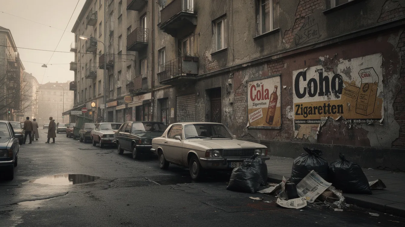 Die Stadtszene aus den 1970er Jahren zeigt alte, verrostete Autos, heruntergekommene Gebäude und Müllsäcke, die auf dem Bürgersteig liegen, während verblasste Werbeplakate an den Wänden hängen. Diese Darstellung erinnert an die düstere Atmosphäre des Films "Taxi Driver", der von Martin Scorsese inszeniert wurde.