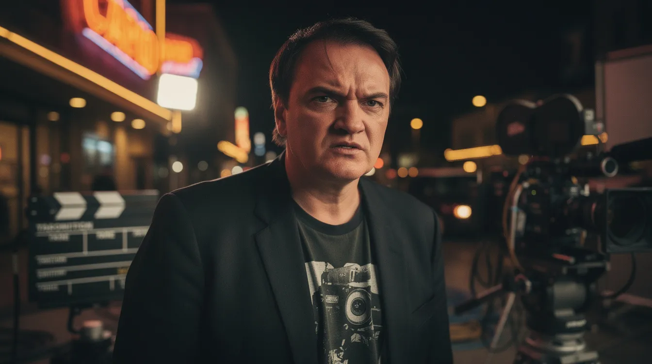 Das Bild zeigt Quentin Tarantino, einen renommierten Filmemacher, der in Los Angeles geboren wurde und für seine einzigartigen Filme wie "Pulp Fiction" und "Kill Bill" bekannt ist. Er steht stolz vor einem Filmplakat von "Once Upon a Time in Hollywood", das seine Rolle als Regisseur und Drehbuchautor in der Filmgeschichte widerspiegelt.