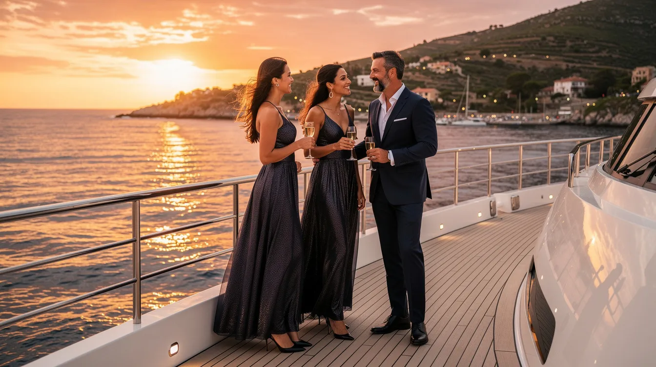 Drei Personen in eleganter Abendgarderobe stehen an Deck einer luxuriösen Yacht, während die Sonne hinter dem Horizont untergeht. Im Hintergrund erstreckt sich das glitzernde Meer und eine malerische Küstenlandschaft, die an die stilvollen Szenen in Christopher Nolans Film "Tenet" erinnert.