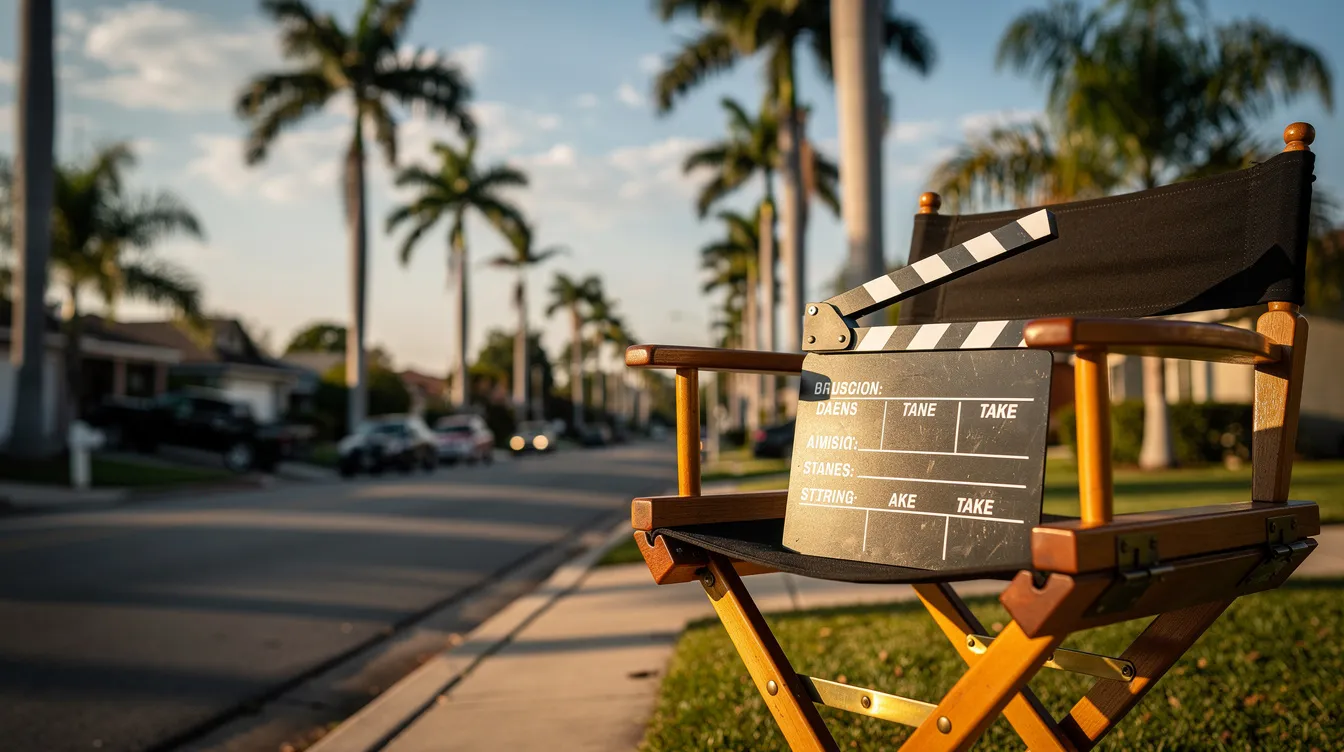 Ein Regiestuhl steht vor einer amerikanischen Vorstadtstraße, während eine Filmklappe darauf platziert ist. Im Hintergrund sind hohe Palmen zu sehen, die die entspannte Atmosphäre der Szenerie unterstreichen und an den Film "American Beauty" erinnern.