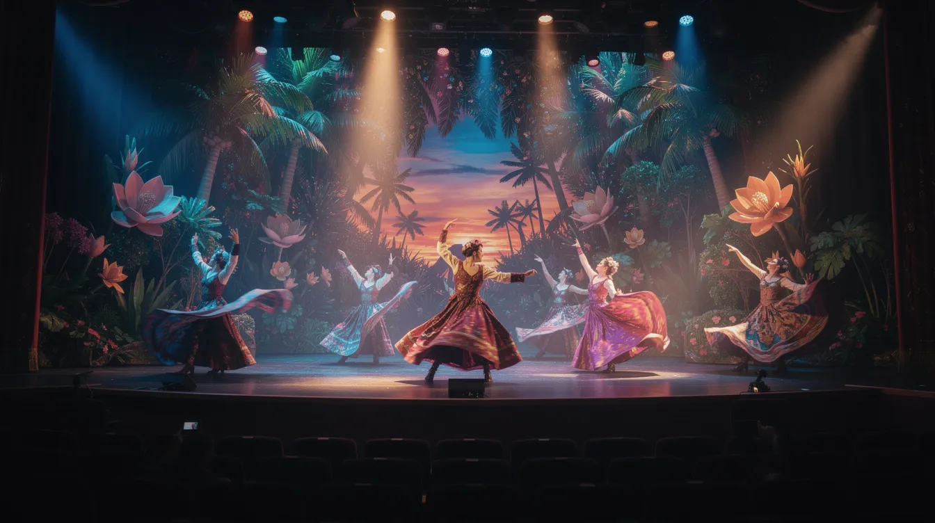 Die Theaterbühne zeigt farbenprächtige Kostüme und dramatische Beleuchtung, während Darsteller in dynamischen Tanzposen vor einer aufwändigen tropischen Kulisse agieren. Diese lebendige Darstellung bringt die Kunst des Musicals zum Leben und schafft unvergessliche Momente für das Publikum.