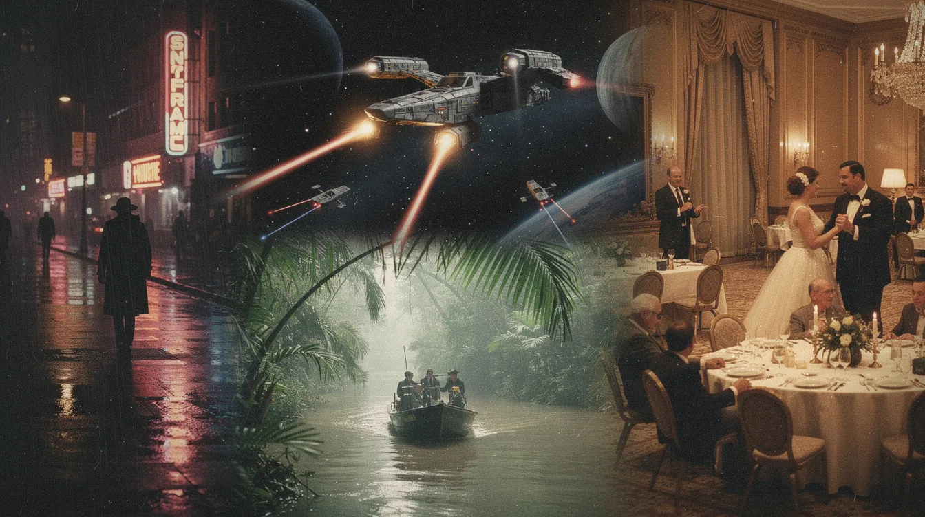 Die Collage zeigt ikonische Filmszenen der 1970er Jahre, darunter düstere Stadtlandschaften, spannende Weltraumschlachten und dramatische Dschungel-Flussfahrten. Zu sehen sind auch Anspielungen auf Klassiker wie "Der Pate" mit Al Pacino und "Apocalypse Now" von Francis Ford Coppola, die das Kino dieses Jahrzehnts prägen.