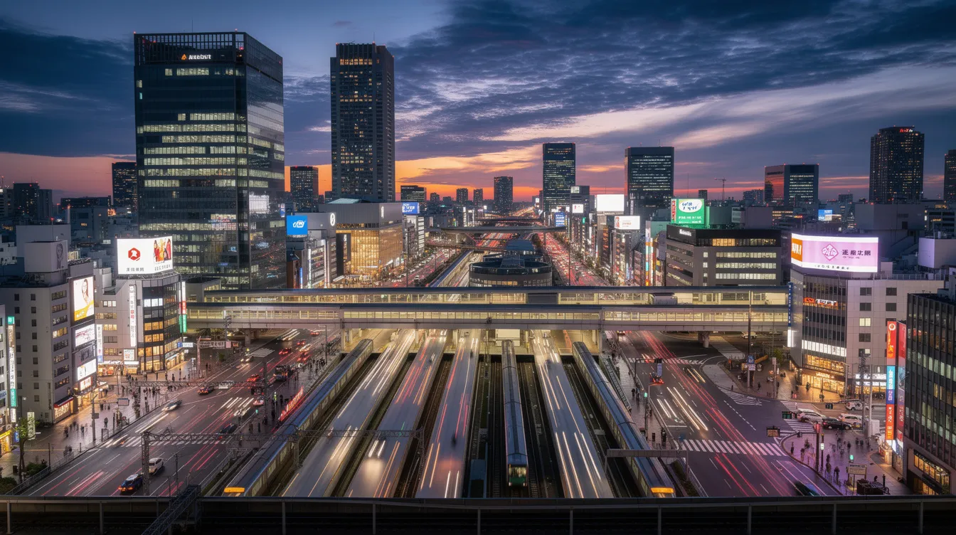 Der Panoramablick zeigt eine geschäftige japanische Großstadt mit leuchtenden Zugstationen und imposanten Wolkenkratzern, während der dramatische Abendhimmel eine romantische Atmosphäre schafft, die an die Themen aus "Your Name" erinnert. Die Szene vermittelt das pulsierende Leben und die Dynamik einer Metropole wie Tokio.