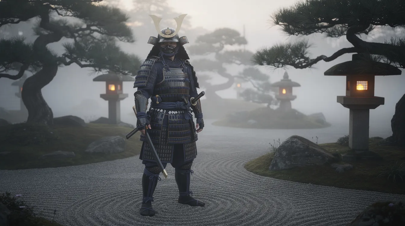 Ein japanischer Samurai in traditioneller Rüstung steht in einem nebligen Zen-Garten, umgeben von Kiefern und Steinlaternen, was eine Atmosphäre von Ehre und Ruhe vermittelt. Der Krieger hält sein Schwert bereit und verkörpert die Werte von Disziplin und Tradition in der japanischen Kultur.