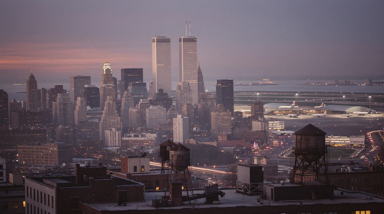 Das Panorama zeigt die Skyline von New York in den 1970er Jahren, während die Dämmerung ein sanftes Licht über die Stadt legt. Im Hintergrund ist der JFK-Flughafen zu sehen, ein bedeutender Ort im Kontext des Lebens von Gangstern und dem Thema "Goodfellas: Drei Jahrzehnte in der Mafia".