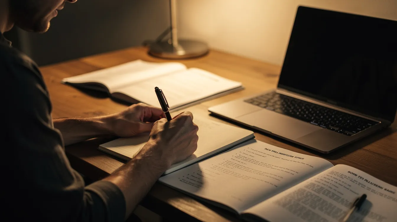 Eine Person sitzt an einem Schreibtisch und schreibt in ein Notizbuch, während aufgeschlagene Drehbuchseiten und ein Laptop daneben liegen. Das warme Licht der Lampe schafft eine gemütliche Atmosphäre, die das Erzählen von Geschichten und das kreative Arbeiten unterstützt.
