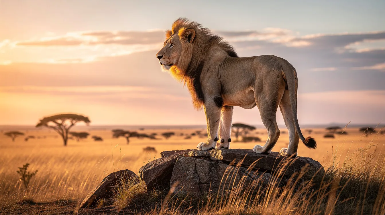 Ein majestätischer Löwe sitzt auf einem hohen Felsen bei Sonnenaufgang, während das warme Goldlicht die weite afrikanische Savanne hinter ihm erleuchtet. Diese Szene erinnert an "Der König der Löwen", wo Simba und Mufasa eine ähnliche majestätische Präsenz zeigen.