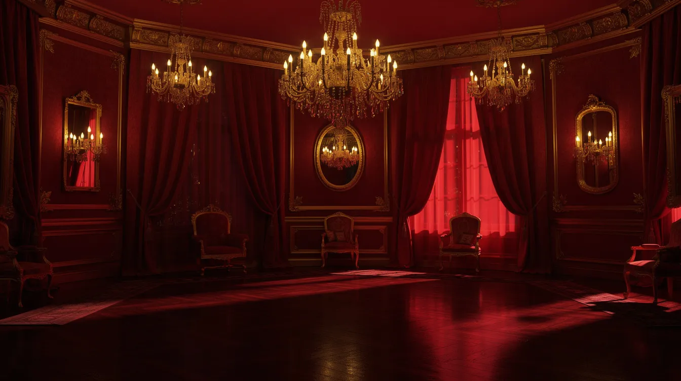 Der Raum, in tiefem Rot getaucht, ist mit goldenen Akzenten und eleganten Kronleuchtern ausgestattet, während dunkle Schattenwürfe eine geheimnisvolle Atmosphäre schaffen. Diese Szenerie erinnert an die opulente Welt von Stanley Kubricks Meisterwerk "Eyes Wide Shut", in dem die Protagonisten Bill und Alice Harford in eine faszinierende Odyssee eintauchen.