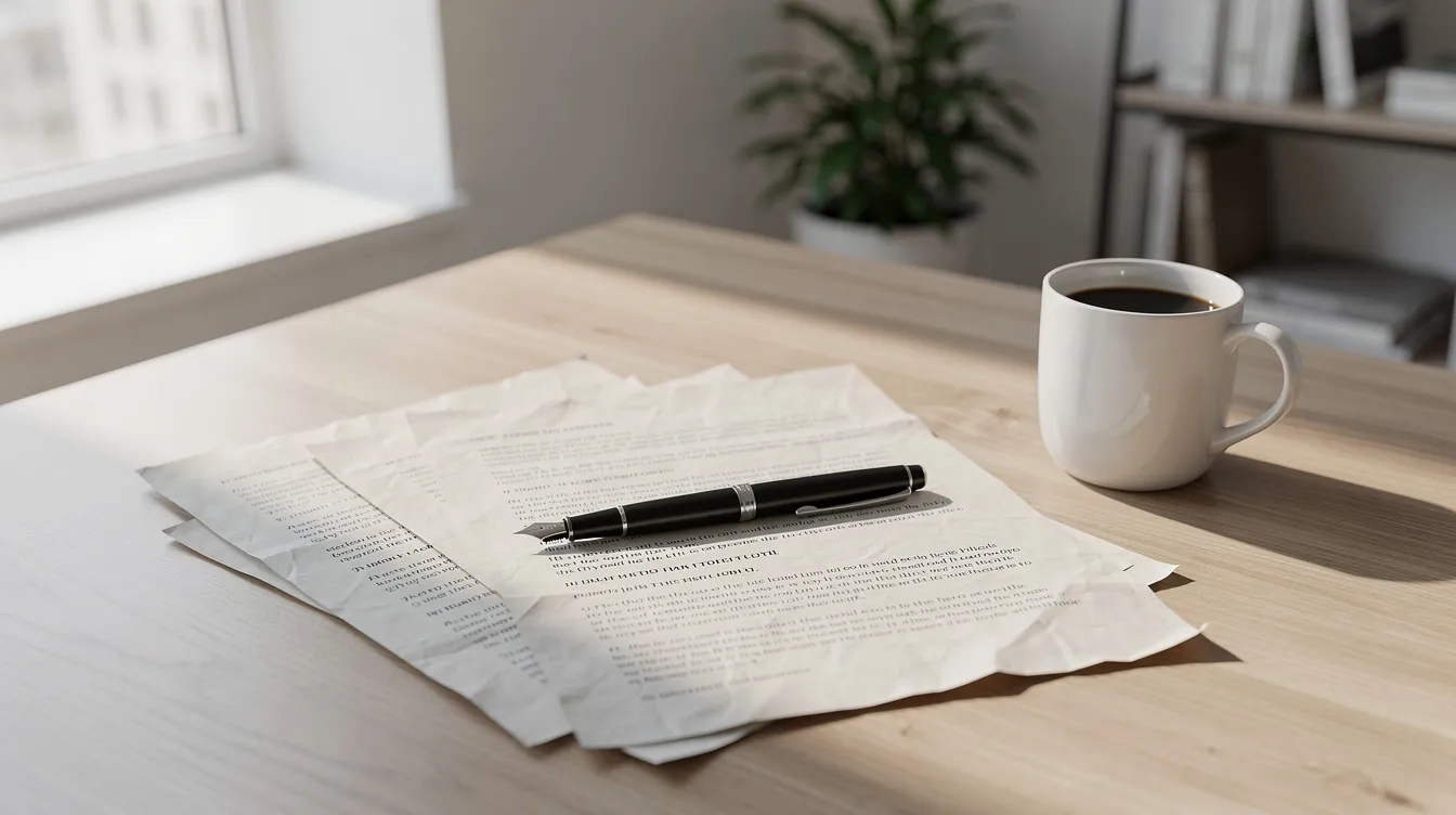 Auf dem Schreibtisch in einem hellen Büro liegen Drehbuchseiten, ein Stift und eine Kaffeetasse. Diese kreative Umgebung könnte als Ausgangspunkt für eine neue Episode einer Serie dienen, die das Publikum mit interessanten Plot Points fesselt.