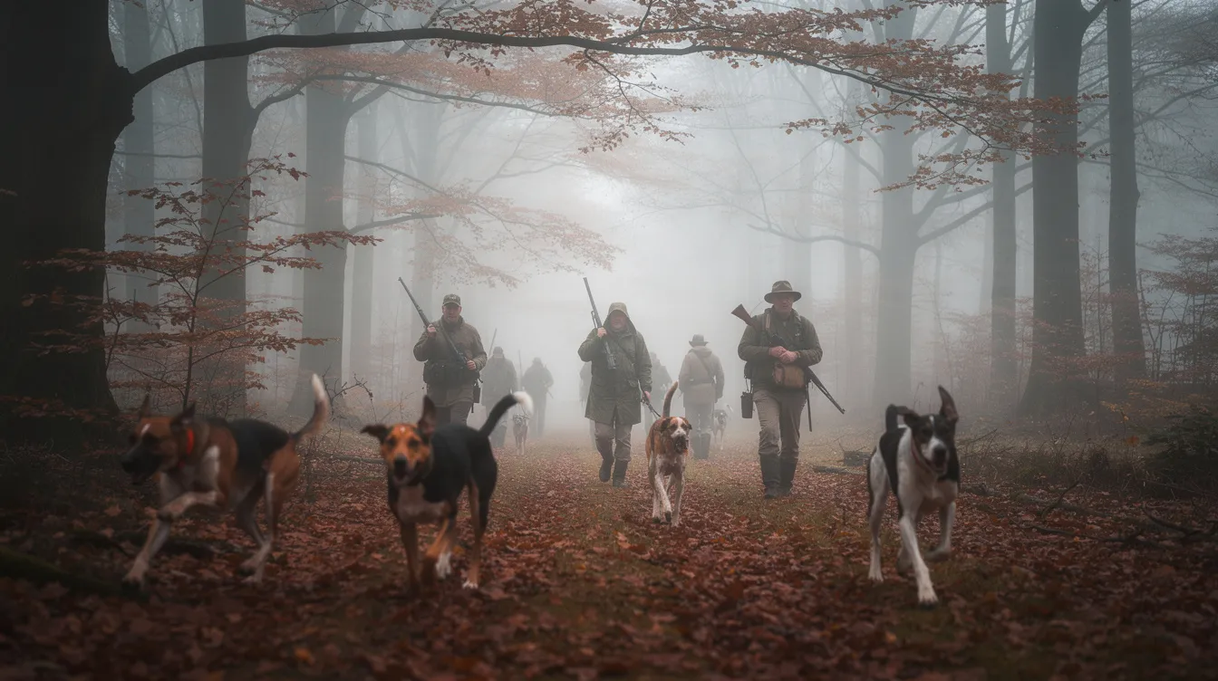 Eine Gruppe von Jägern mit Gewehren wandert durch einen nebligen Herbstwald, während ihre Hunde vorauslaufen. Gedämpftes Licht fällt durch die kahlen Baumkronen und schafft eine geheimnisvolle Atmosphäre, die an die Themen der Jagd und des Schicksals erinnert.