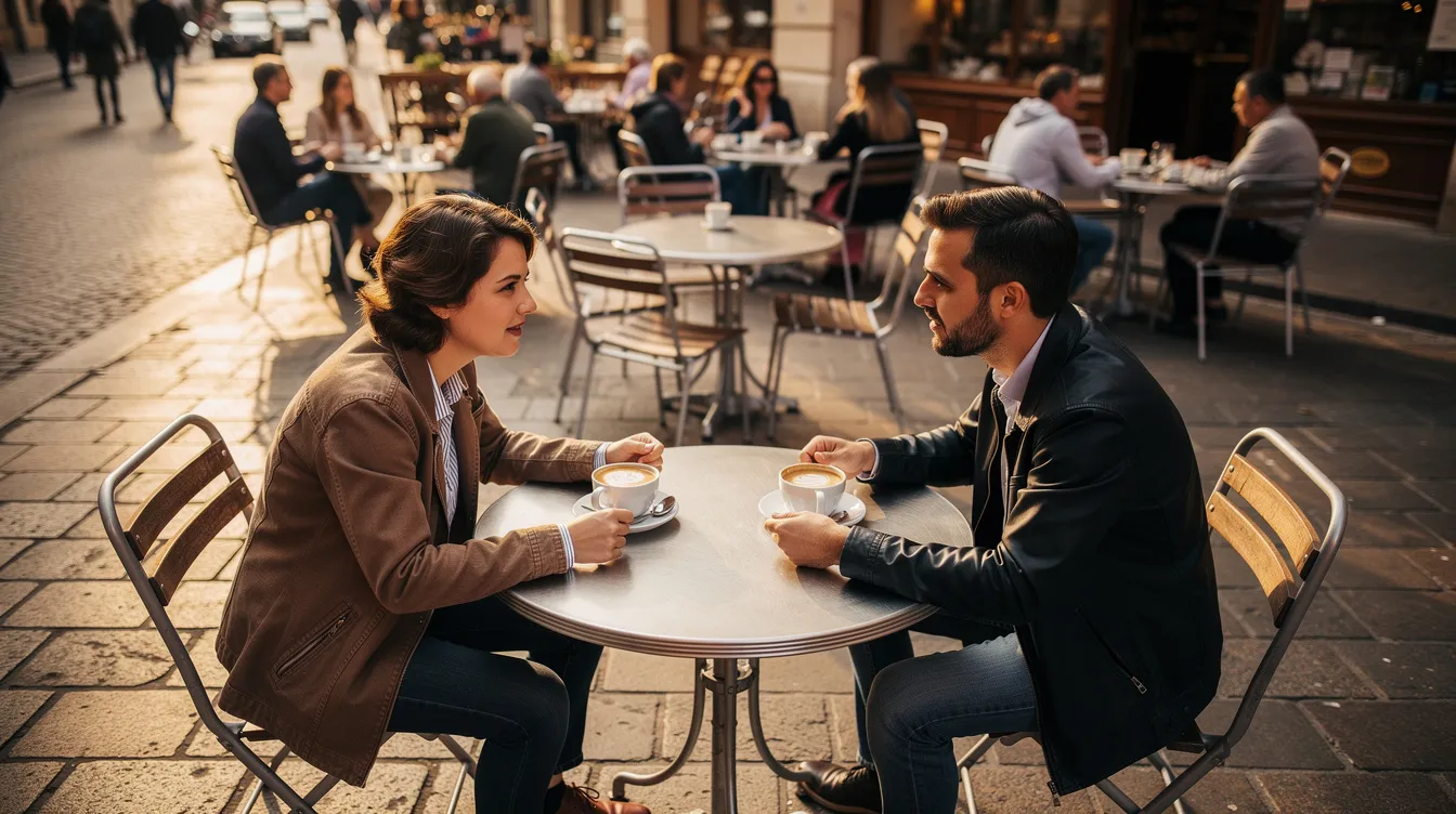 Zwei Personen sitzen sich an einem Cafétisch gegenüber und führen ein Gespräch, während im Hintergrund ein Straßencafé zu sehen ist. Die Aufnahme erfolgt aus einer leichten Vogelperspektive, die die Position der Akteure im Raum und ihre Blickrichtung betont, was die Szene lebendig macht.