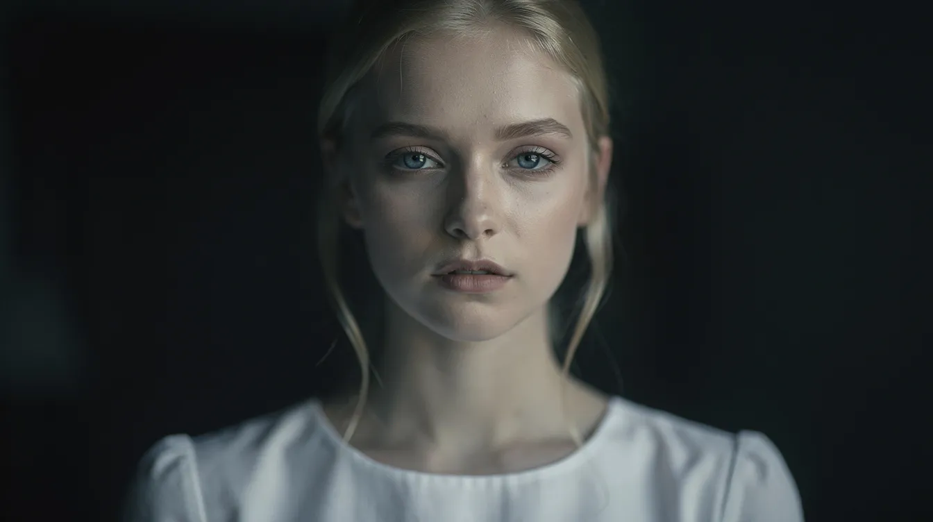 Das Porträt zeigt eine junge blonde Frau in einem weißen Brautkleid mit einem melancholischen, leeren Blick. Weiches Licht beleuchtet ihr Gesicht vor einem dunklen Hintergrund, was die emotionale Tiefe und die Traurigkeit der Hauptfigur Justine aus Lars von Triers Meisterwerk "Melancholia" unterstreicht.
