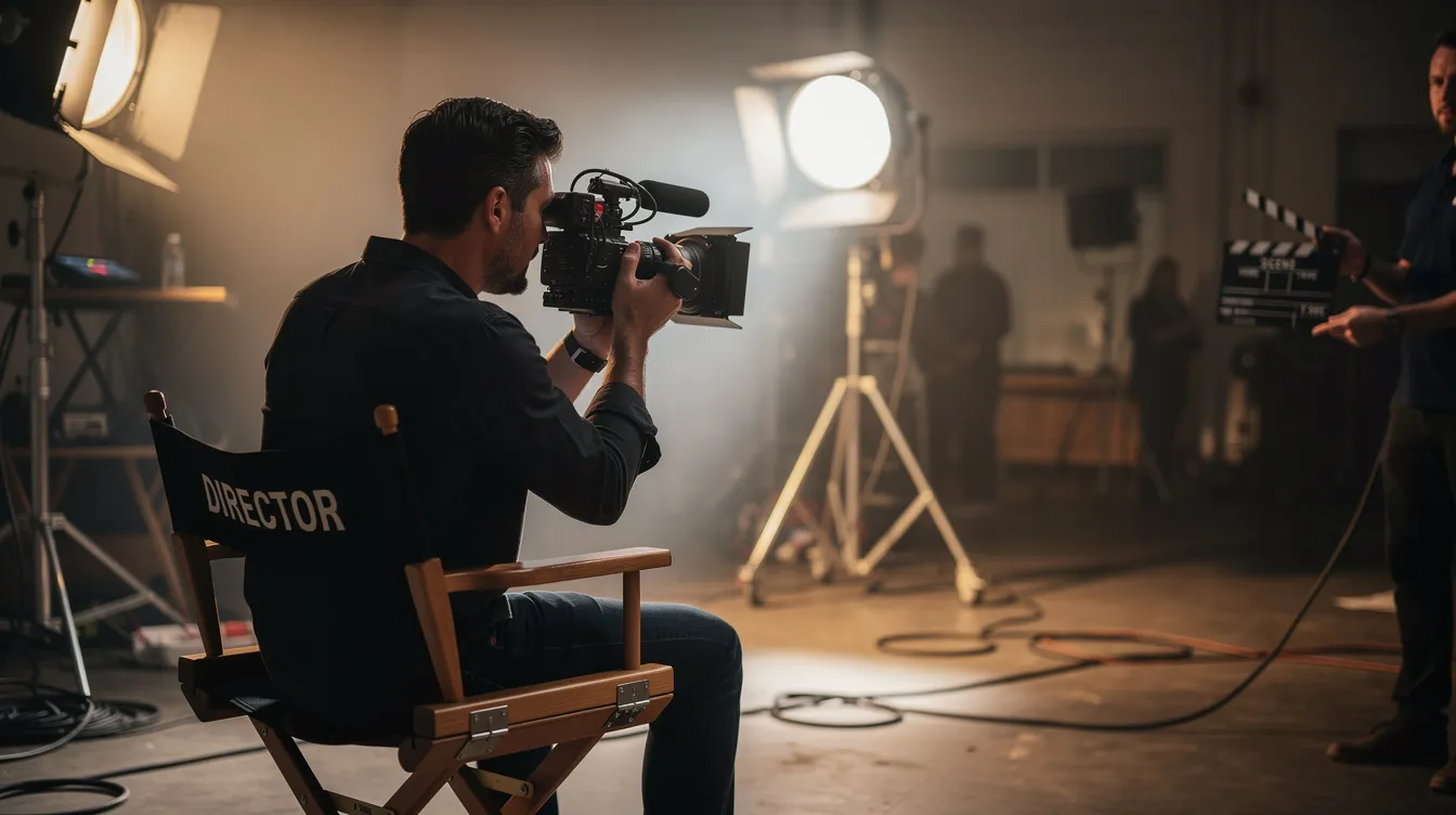 Ein Regisseur sitzt auf einem Regiestuhl und schaut durch den Kamerasucher, während im Hintergrund ein Filmset mit Scheinwerfern und einer Filmklappe zu sehen ist. Diese Szene ist eine Hommage an die Kunst des Films, die die Persönlichkeit und das Werk von Künstlern würdigt.