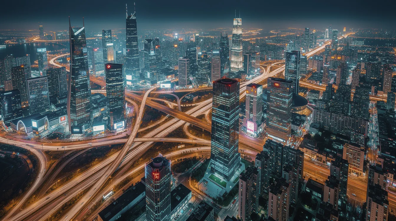 Die Luftaufnahme zeigt eine pulsierende, moderne asiatische Großstadt bei Nacht, erhellt von zahlreichen beleuchteten Hochhäusern und einem weit verzweigten Straßennetz, das das lebendige Nachtleben widerspiegelt. Diese Szene könnte als Teil einer Filmanalyse dienen, um die visuelle Gestaltung und Atmosphäre in urbanen Filmen zu untersuchen.