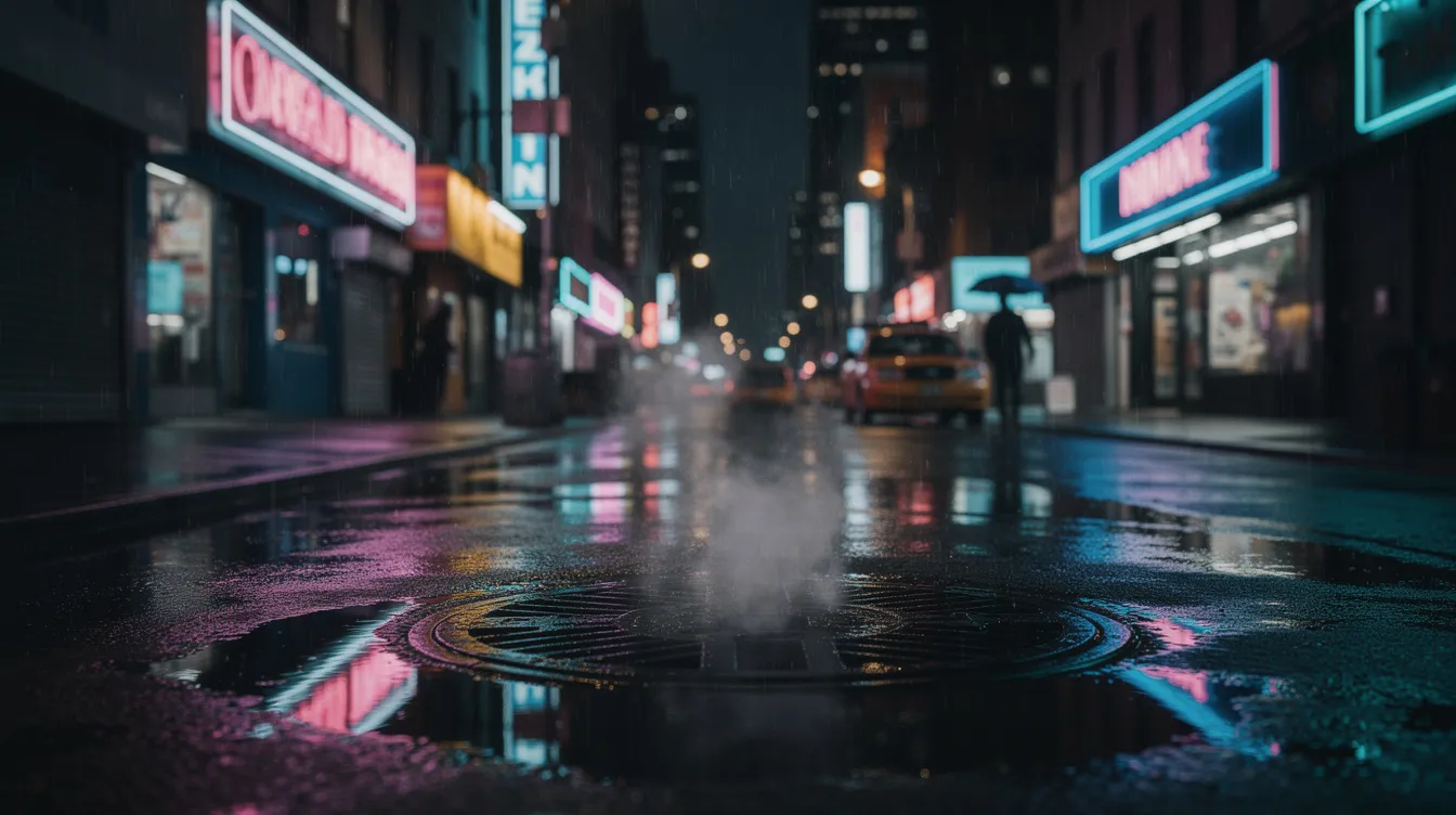 Eine schwach beleuchtete städtische Straße bei Nacht zeigt Neonlichter und Regenreflexionen auf dem nassen Gehweg, was eine melancholische Atmosphäre von New York City vermittelt. Die Szenerie könnte die Abenteuer von Spider-Man, alias Peter Parker, in dieser lebendigen Stadt widerspiegeln, wo er als Superheld gegen Verbrechen kämpft.
