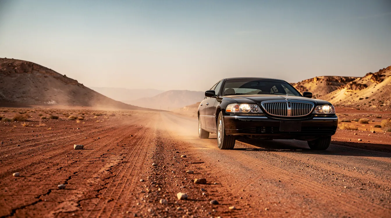 Das Bild zeigt eine staubige Wüstenstraße, die sich bis zum Horizont erstreckt, während im Vordergrund eine einzelne schwarze Limousine steht. Im Hintergrund sind karge Hügel zu sehen, die an die raue Landschaft aus Actionfilmen wie "Logan" erinnern.