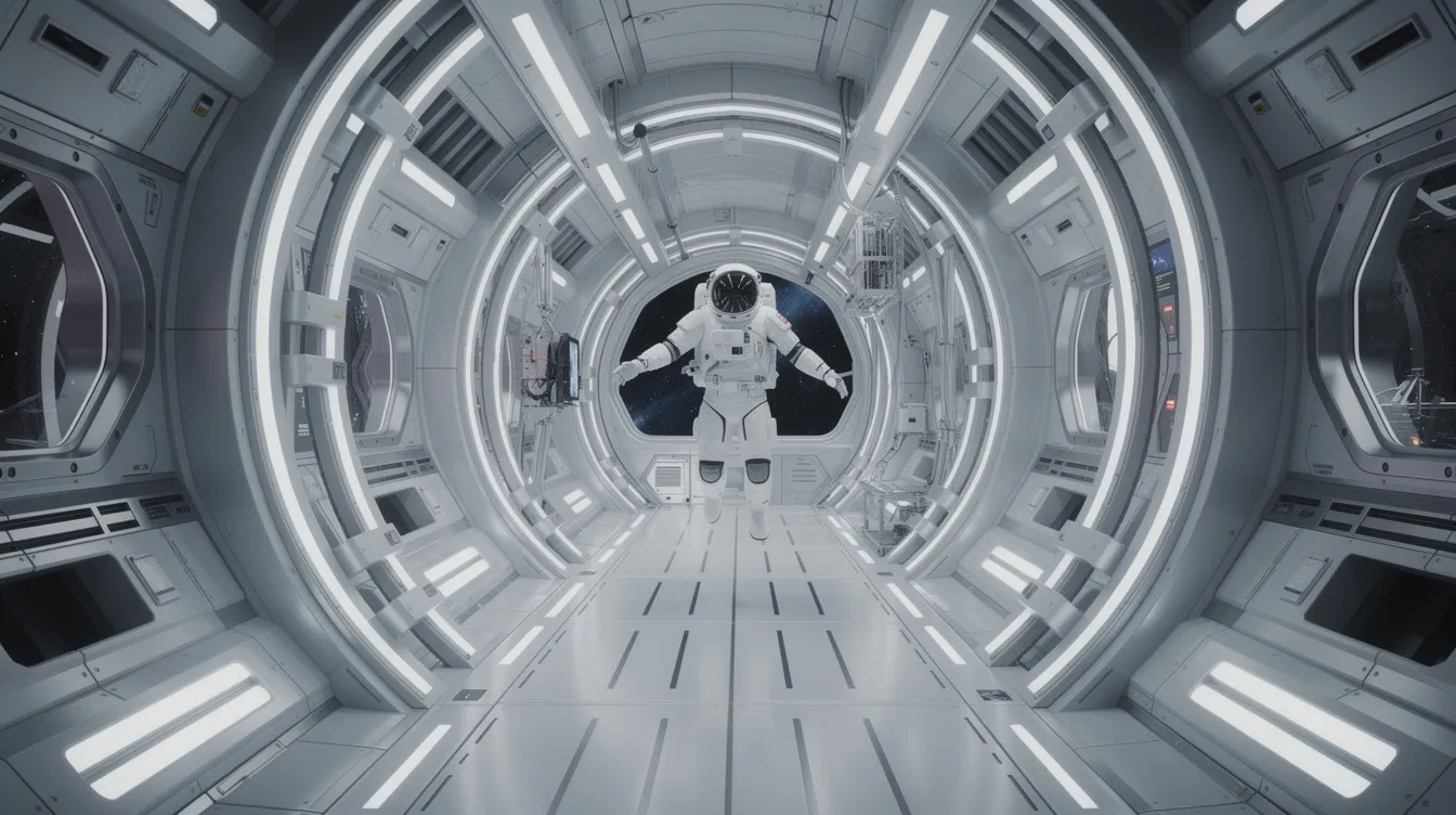Die futuristische Raumstation zeigt einen kreisförmigen Korridor, der in weißem Licht erleuchtet ist, während ein Astronaut schwerelos schwebt. Diese symmetrische Architektur erinnert an die visuelle Ästhetik von Stanley Kubrick in „2001: Odyssee im Weltraum“.