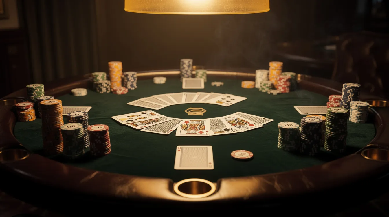 Ein eleganter Pokertisch ist in stimmungsvoller Beleuchtung zu sehen, umgeben von bunten Chips und Spielkarten. Die Atmosphäre ist ansprechend und lädt zu einem spannenden Spielabend ein, während die Elemente des Spiels für ein unterhaltsames Erlebnis sorgen.