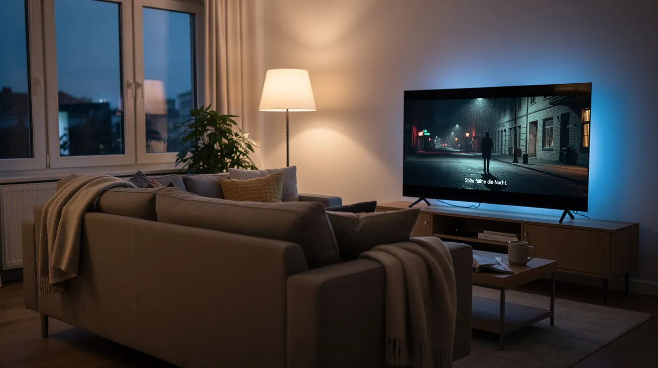 Das Bild zeigt ein gemütliches Wohnzimmer in der Abenddämmerung, in dem ein Fernseher läuft, auf dem eine atmosphärische Szene aus einer Qualitätsserie zu sehen ist. Vor dem Bildschirm steht ein leeres Sofa, das mit Kissen dekoriert ist, und schafft eine einladende Atmosphäre für das Fernsehen.