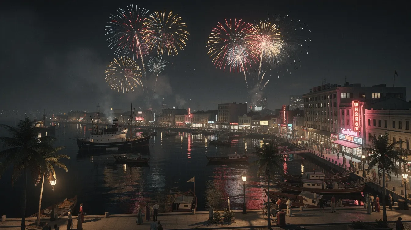 Das Bild zeigt ein Panorama einer tropischen Hafenstadt bei Nacht, in dem ein spektakuläres Feuerwerk den Himmel erhellt. Die Lichter der Stadt spiegeln sich sanft im Wasser und vermitteln eine nostalgische Atmosphäre der 1950er Jahre, die an den Film "Der Pate Teil II" erinnert.