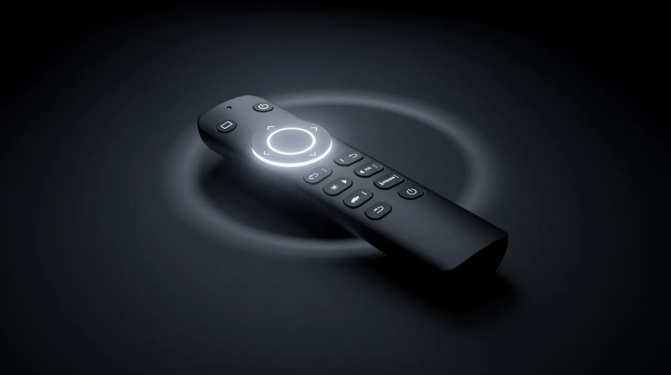Eine stilisierte Fernbedienung auf einem dunklen Hintergrund, bei der eine einzelne Taste besonders hervorgehoben leuchtet und von einem sanften Lichtkranz umgeben ist. Diese Darstellung könnte an eine sehr besondere Episode aus einer Familien-Sitcom erinnern, die wichtige Themen anspricht.