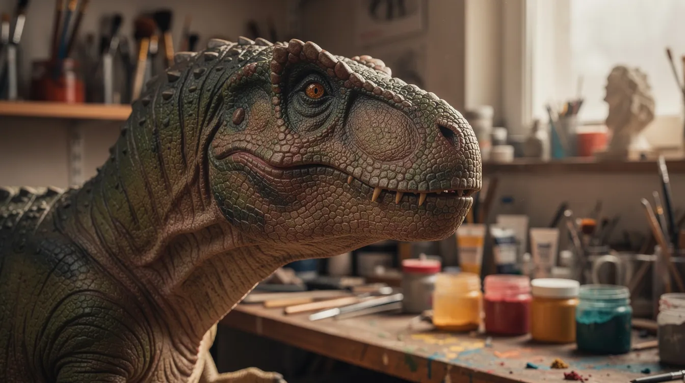 Die Nahaufnahme zeigt eine detaillierte Dinosaurier-Skulptur in einer Werkstatt, umgeben von Werkzeugen und Farben, die die kreative Atmosphäre eines Projekts im Stil von "Jurassic Park" widerspiegelt. Die sorgfältige Detailtreue der Skulptur lässt die Faszination für Dinosaurier lebendig werden, während im Hintergrund die Werkzeuge auf das handwerkliche Geschick des Künstlers hinweisen.