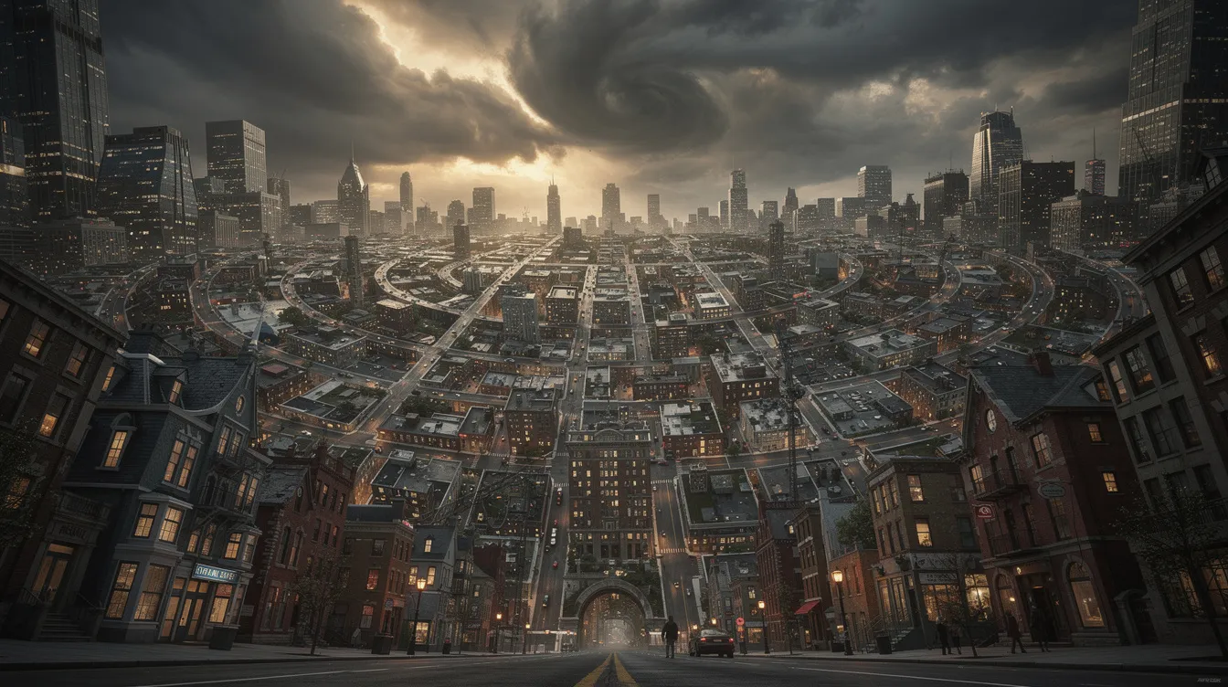 Die surrealistische Stadtlandschaft zeigt Gebäude, die sich auf faszinierende Weise nach oben über den Horizont falten, während ein dramatischer Himmel im Hintergrund die Szene dominiert. Diese beeindruckende Darstellung erinnert an die visuellen Stile in den Filmen von Christopher Nolan und anderen renommierten Regisseuren.