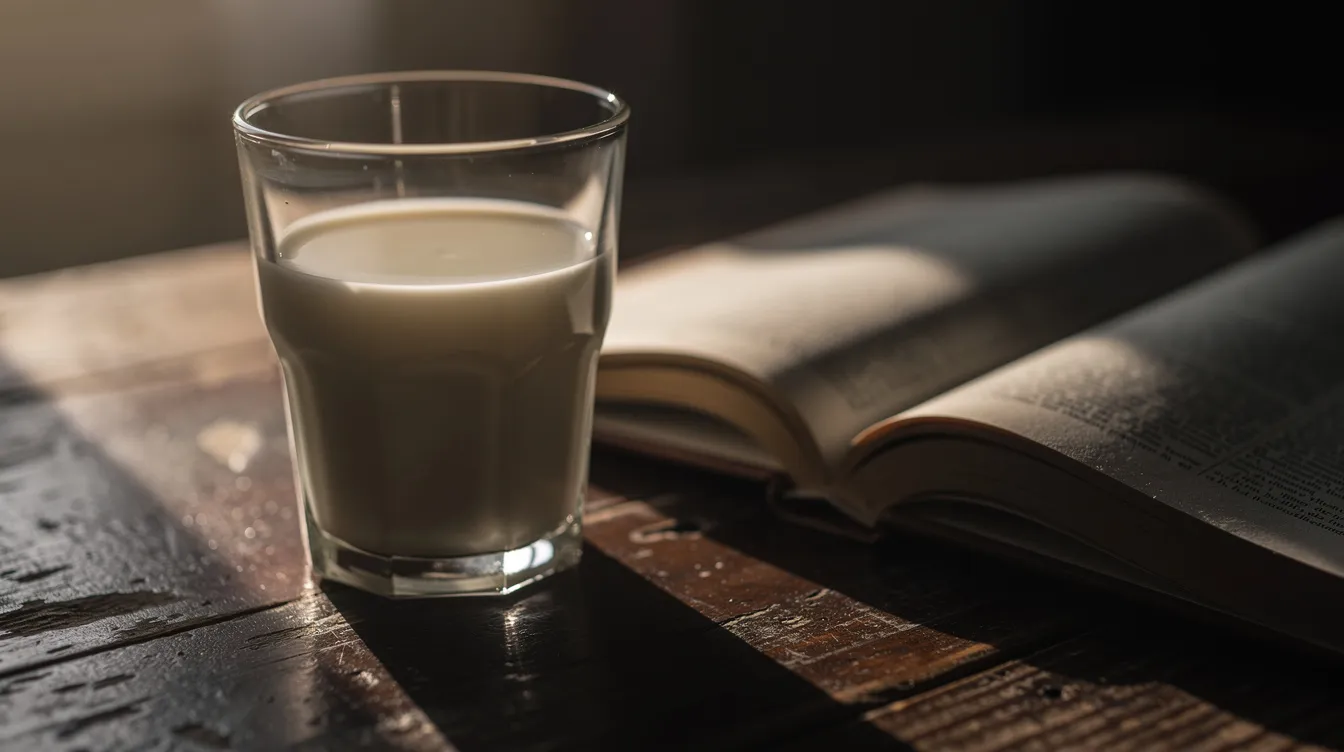 Auf dem dunklen Holztisch steht ein Glas Milch, neben dem ein aufgeschlagenes Buch liegt, das von stimmungsvollem Seitenlicht beleuchtet wird. Diese ruhige Szene könnte an die Atmosphäre eines klassischen Films erinnern, in dem Figuren wie Mathilda und Norman Stansfield um Geld und Beziehungen kämpfen.