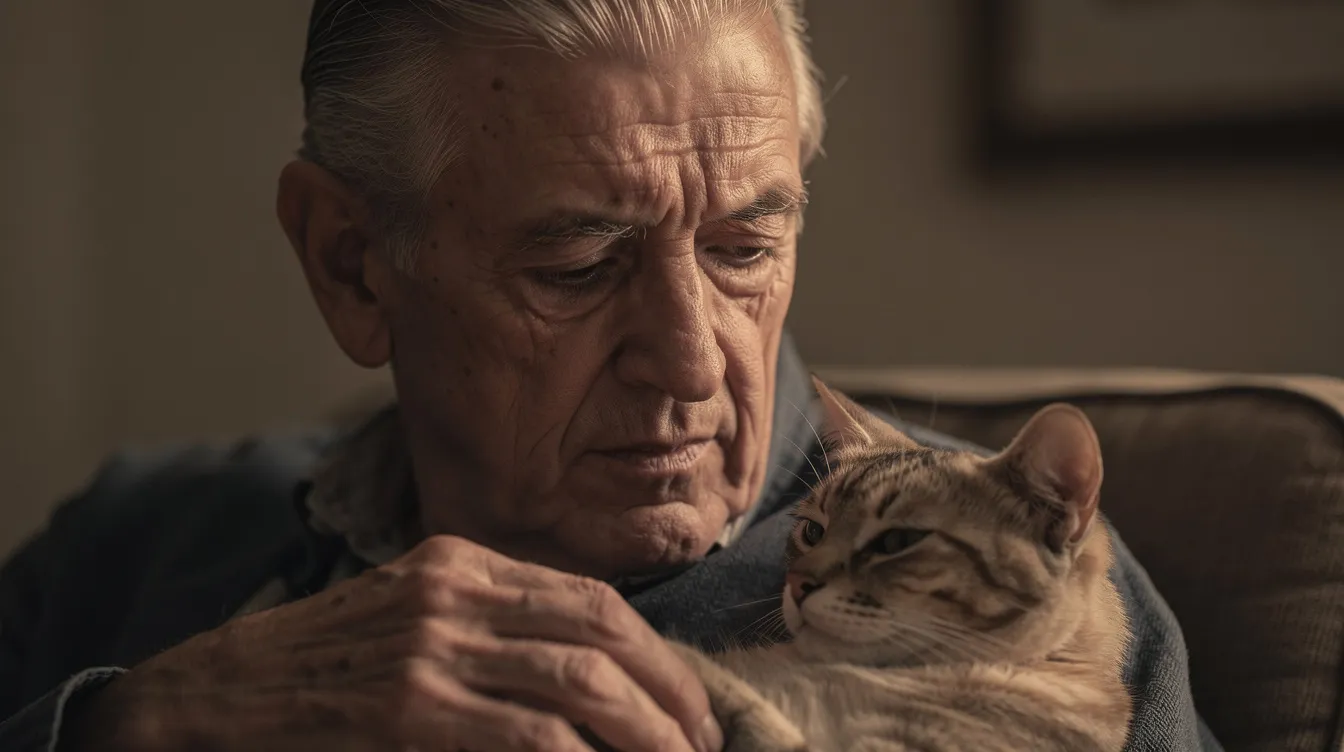 Die Nahaufnahme zeigt einen älteren Mann mit markanten Gesichtszügen und zurückgekämmtem Haar, der in warmem Licht nachdenklich eine Katze streichelt. Seine Ausstrahlung erinnert an den Charakter Don Vito Corleone aus "Der Pate", was eine familiäre und nachdenkliche Atmosphäre schafft.