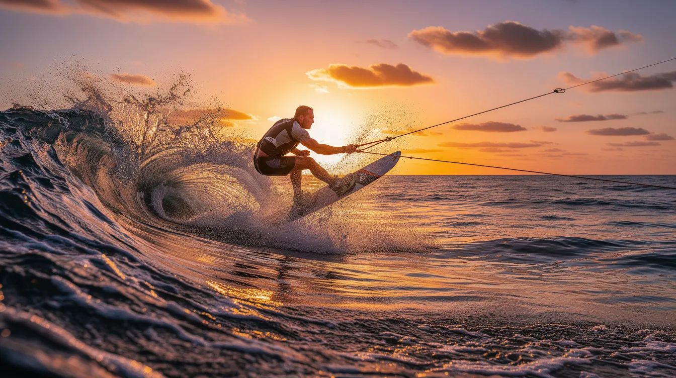 Ein Wasserskifahrer springt über eine Welle auf offener See, während die Sonne am Horizont untergeht und den Himmel in warmen Farben erleuchtet. Dieser Moment erinnert an die "Happy Days" des Wassersports, wo das Adrenalin und die Freiheit im Vordergrund stehen.