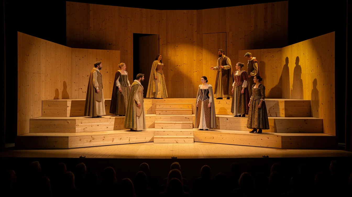 Das Bild zeigt ein minimalistisch gestaltetes Theaterbühnenbild aus Holz mit mehreren Ebenen, das in warmem Licht erstrahlt. Darsteller in historisch inspirierten Kostümen, die an die Zeit von Alexander Hamilton erinnern, agieren auf der Bühne und schaffen eine eindrucksvolle Atmosphäre für die Zuschauer.