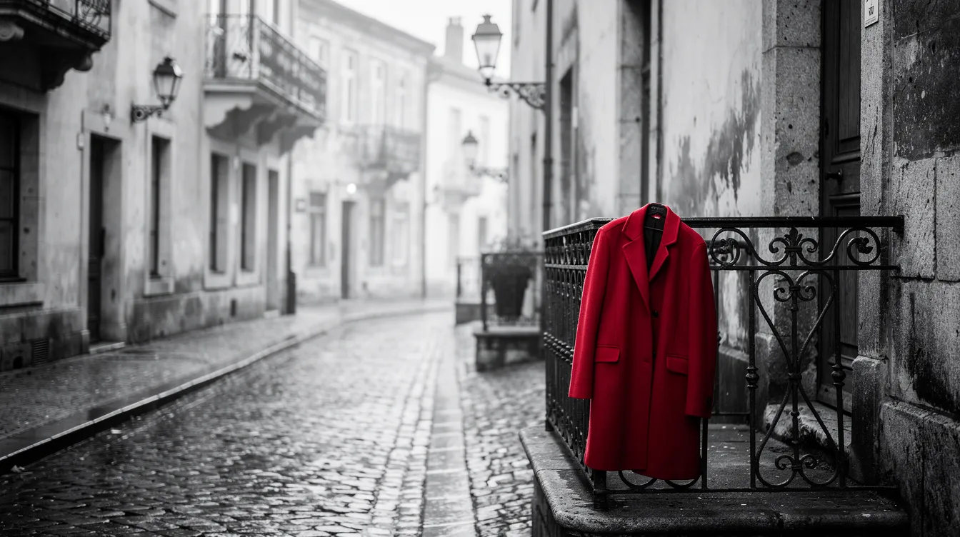 In einer Schwarzweiß-Straßenszene einer alten europäischen Altstadt hängt ein einzelner roter Mantel an einem Geländer und bildet den einzigen Farbakzent in der melancholischen Umgebung. Diese Darstellung erinnert an die filmische Ästhetik von "Schindlers Liste", die oft mit starken Kontrasten spielt.