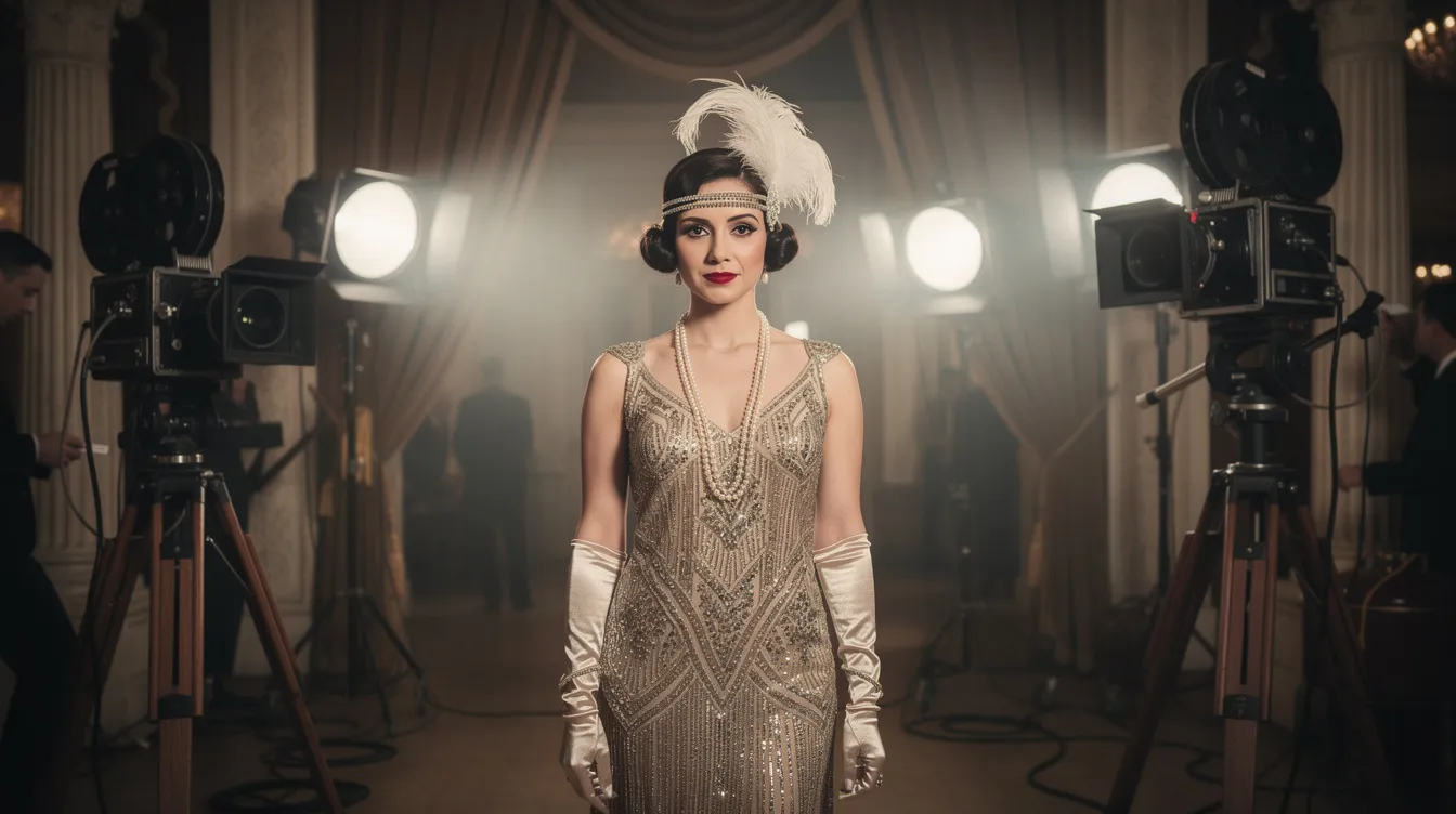 Eine elegante Frau im Stil der 1920er Jahre steht auf einem opulenten Filmset, umgeben von Filmscheinwerfern und Kameras der Stummfilmzeit, die an die glanzvolle Ära von Hollywood und Filme wie "Boulevard der Dämmerung" erinnern. Ihr Look verkörpert die Anmut und den Glamour der Stummfilmkönigin, während sie in die Rolle einer Charakterfigur schlüpft, die an Norma Desmond erinnert.