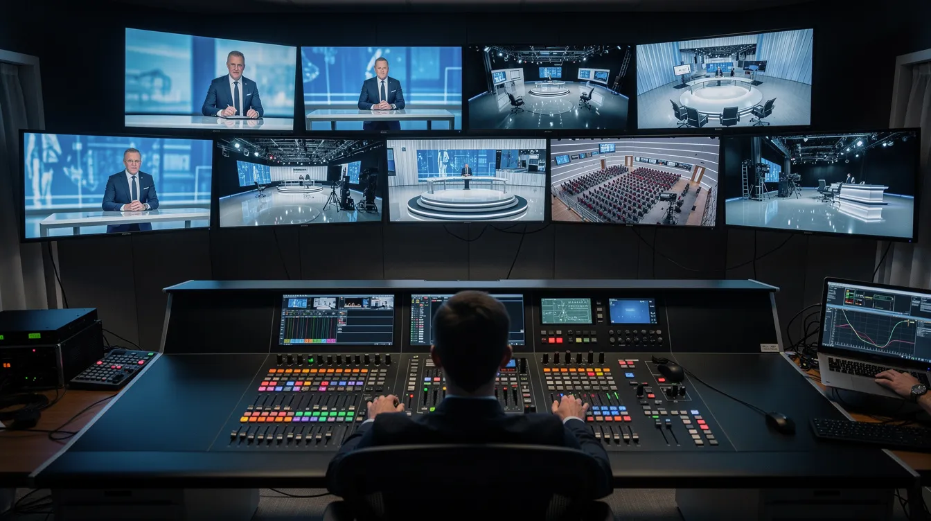 Das Bild zeigt eine moderne Fernsehregie mit einer Person am Bildmischpult, umgeben von mehreren großen Monitoren, die unterschiedliche Kamerabilder anzeigen. Diese Szene vermittelt einen Eindruck von der professionellen Medienproduktion und der Technologie, die für hochwertige Übertragungen und Events eingesetzt wird.