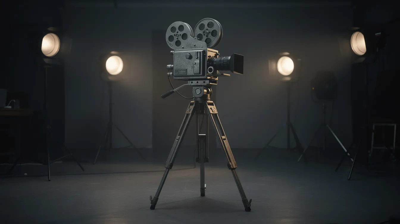 Das Bild zeigt eine klassische Filmkamera aus den 1950er Jahren, die auf einem stabilen Stativ in einem abgedunkelten Studioraum platziert ist. Im Hintergrund sind Scheinwerfer zu sehen, die eine dramatische Atmosphäre schaffen, passend zu einem Film wie "Witness for the Prosecution".