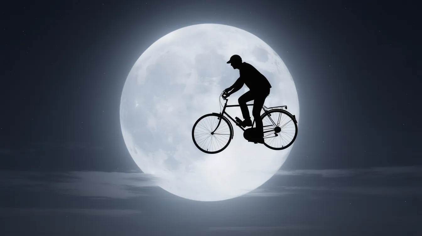 Die Silhouette eines Fahrrads fliegt vor einem großen, leuchtenden Vollmond durch den Nachthimmel und erinnert an die fantastischen Abenteuer aus den besten Sci-Fi-Filmen der 80er Jahre. Die Szene strahlt eine mystische Atmosphäre aus, die an die Welten von Star Wars und anderen Klassikern des Genres erinnert.
