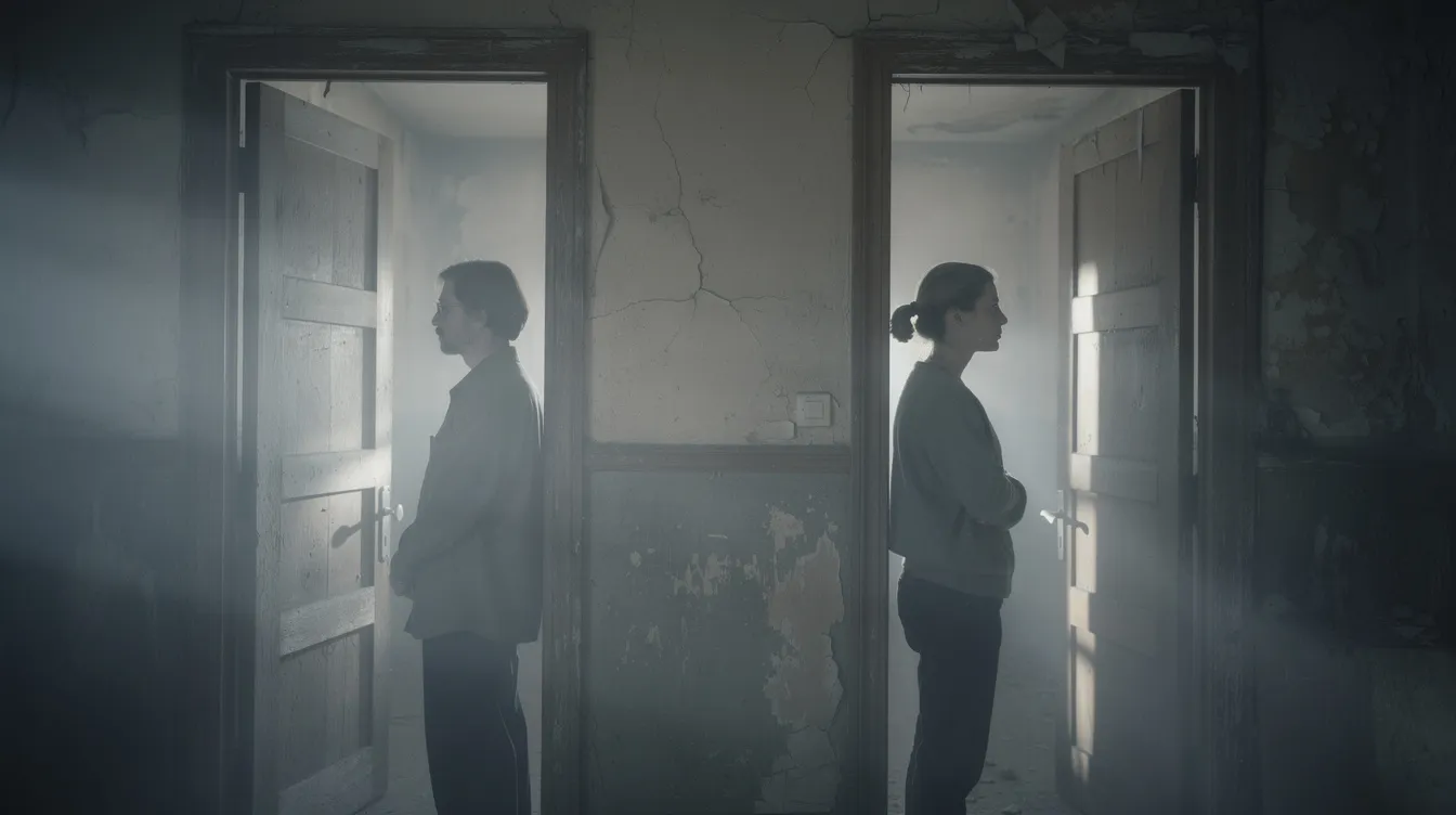 Zwei Personen stehen in getrennten Türrahmen eines alten Gebäudes, seitlich beleuchtet, und blicken nicht zueinander. Die melancholische Atmosphäre erinnert an die Filme von Wong Kar Wai, in denen Einsamkeit und unerfüllte Liebe zentrale Themen sind.