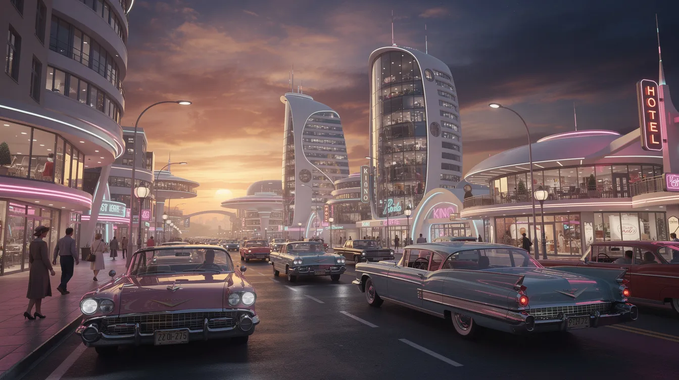 Die Bildbeschreibung zeigt eine retro-futuristische Stadtlandschaft mit geschwungenen Gebäuden und glänzenden Autos im Stil der 1960er Jahre, während ein dramatischer Abendhimmel die Szene beleuchtet. Diese Kulisse könnte gut in einem Abenteuerfilm wie "Die Unglaublichen" passen, der das Leben von Superhelden und ihrer Familie thematisiert.