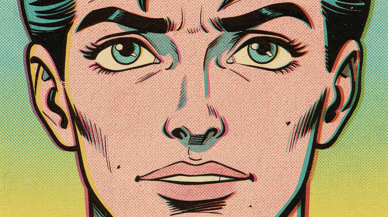 Das Bild zeigt eine extreme Nahaufnahme des Gesichts eines animierten Charakters im Comic-Stil, mit sichtbaren Halbtönen und lebendigen Farbeffekten, die den Druckfehler-Ästhetik erzeugen. Diese Darstellung erinnert an "Spider-Man: A New Universe" und die lebendige Welt von Brooklyn.
