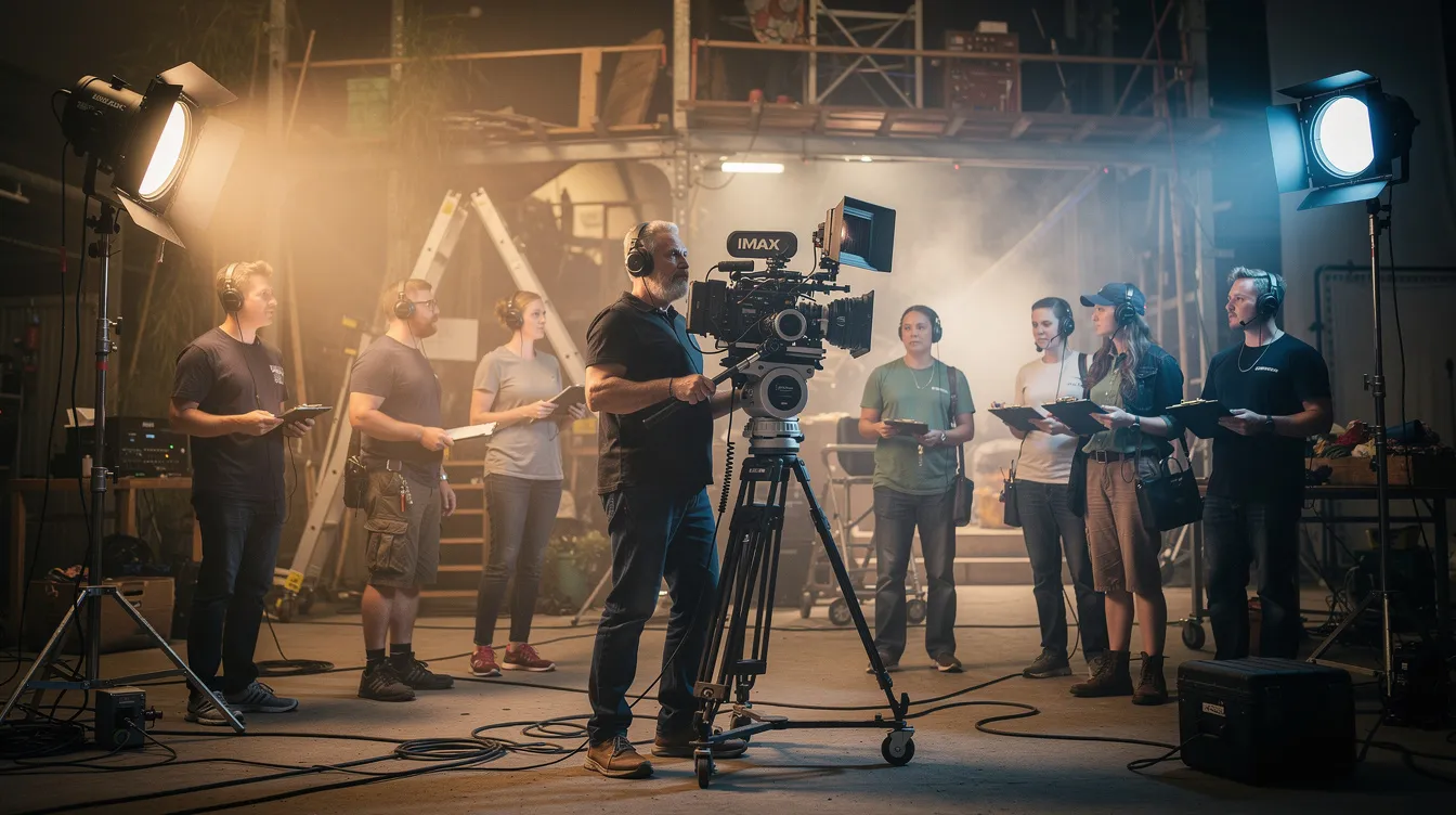 Ein Regisseur steht mit einer großen IMAX-Filmkamera auf einem Filmset, umgeben von Crew-Mitgliedern und hellen Scheinwerfern, während er die Produktion eines actiongeladenen Films leitet. Die Atmosphäre ist geschäftig und kreativ, was einen Einblick in die Welt der Filmemacher und ihre Karriere gibt.