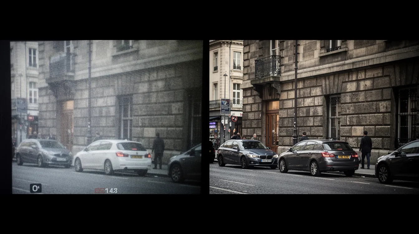 Das Bild zeigt einen direkten Vergleich: Links ist ein körniges Foto eines alten Handys zu sehen, während rechts dasselbe Stadtmotiv in klarer Qualität mit einer modernen Spiegelreflexkamera aufgenommen wurde. Die Unterschiede in der Bildqualität und der Technik der beiden Fotografien sind deutlich erkennbar.