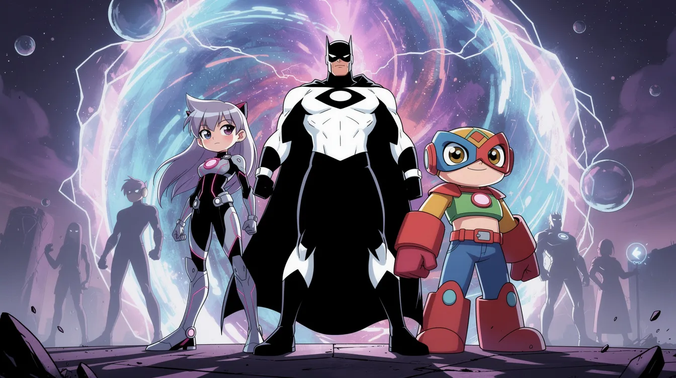 Eine Gruppe von verschiedenen animierten Superhelden-Charakteren steht zusammen, jeder in einem einzigartigen visuellen Stil, darunter einer in Schwarz-Weiß und einer im Anime-Stil, vor einem leuchtenden interdimensionalen Portal. Diese Szene spiegelt die Vielfalt des "Spider Verse" wider, das in "Spider Man: Into the Spider Verse" thematisiert wird.