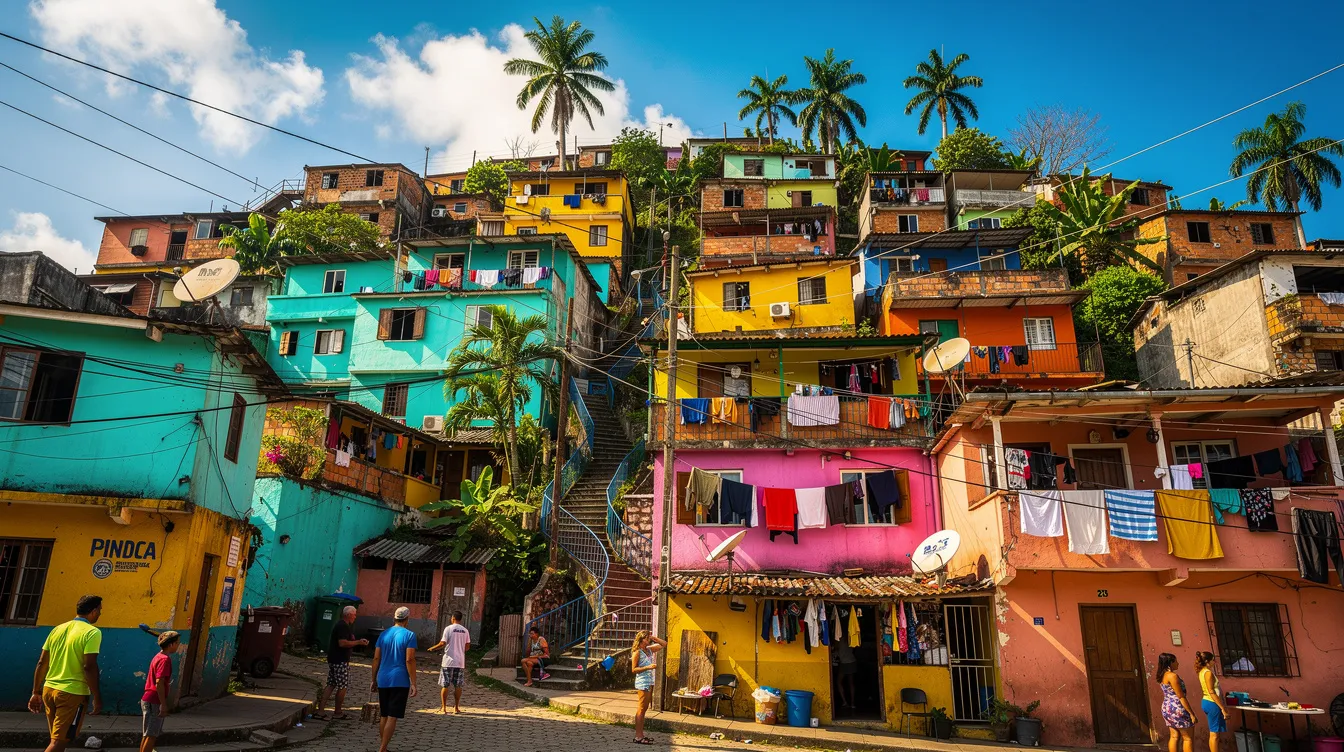 Die farbenfrohen Favela-Häuser sind dicht beieinander auf einem steilen Hügel angeordnet und strahlen unter dem tropischen Sonnenlicht Dynamik und Lebendigkeit aus. Diese Szene spiegelt das lebendige Leben in den Favelas wider, das oft in Filmen wie "City of God" thematisiert wird, und erinnert an die besten Filme der 2000er, die soziale Themen behandeln.