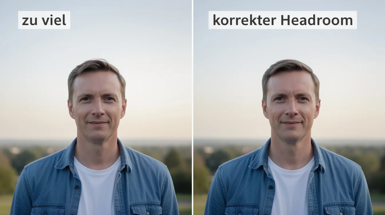Das Bild zeigt zwei Szenen: auf der linken Seite eine Aufnahme mit viel Headroom, die den oberen Bereich des Rahmens betont, und auf der rechten Seite eine korrekte Darstellung mit ausgewogenem Headroom, die den Fokus auf das Motiv legt. Beide Szenen verdeutlichen die Bedeutung von Headroom für die visuelle Komposition.