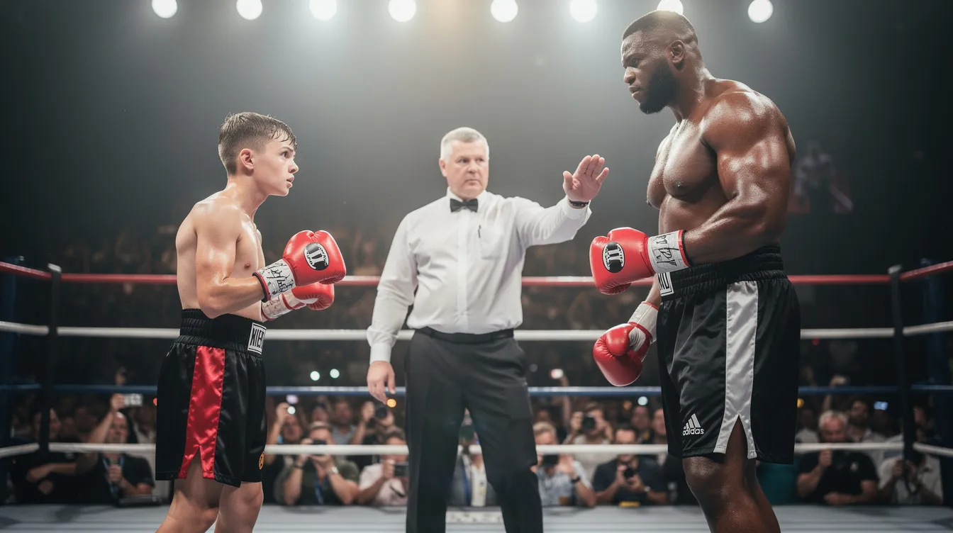Im Bild sind zwei Boxer in einem Boxring zu sehen, wobei einer der Kämpfer deutlich kleiner ist als der andere. Ein Schiedsrichter steht zwischen ihnen, während das Publikum im Hintergrund unscharf bleibt und die Atmosphäre des Wettkampfs verstärkt.