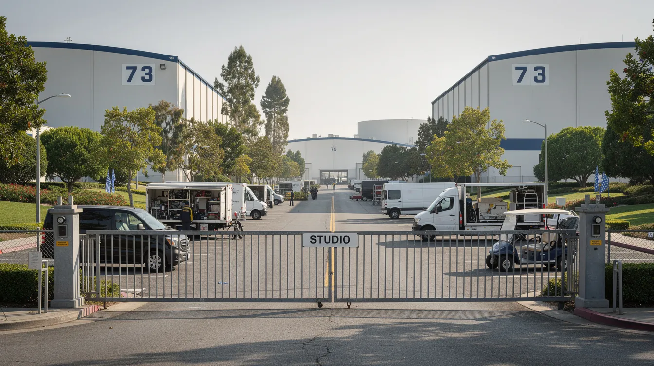 Das Bild zeigt das Eingangstor eines großen Filmstudiogeländes, das von Bäumen umgeben ist. Ein breiter Weg führt zu mehreren Studiohallen, die für Produktionen im Bereich Kino und Fernsehen genutzt werden.