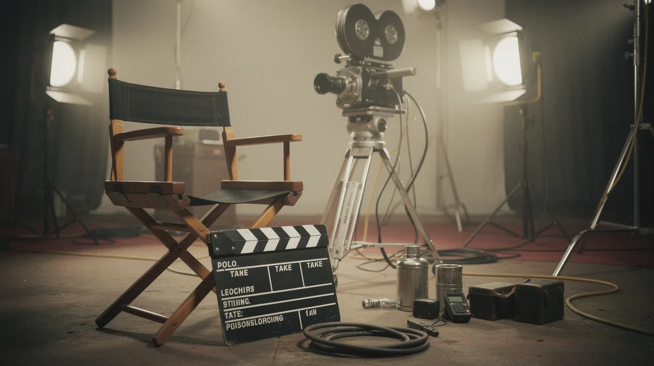 Das Bild zeigt eine Vintage-Filmklappe und einen Regiestuhl auf einem Filmset im Stil der 1970er Jahre, umgeben von analoger Kameraausrüstung. Diese Szenerie erinnert an die Ära von Stanley Kubrick und dem Film "Uhrwerk Orange", in dem die Kunst des Filmemachens und die Analyse von Gewalt und Gesellschaft im Mittelpunkt stehen.