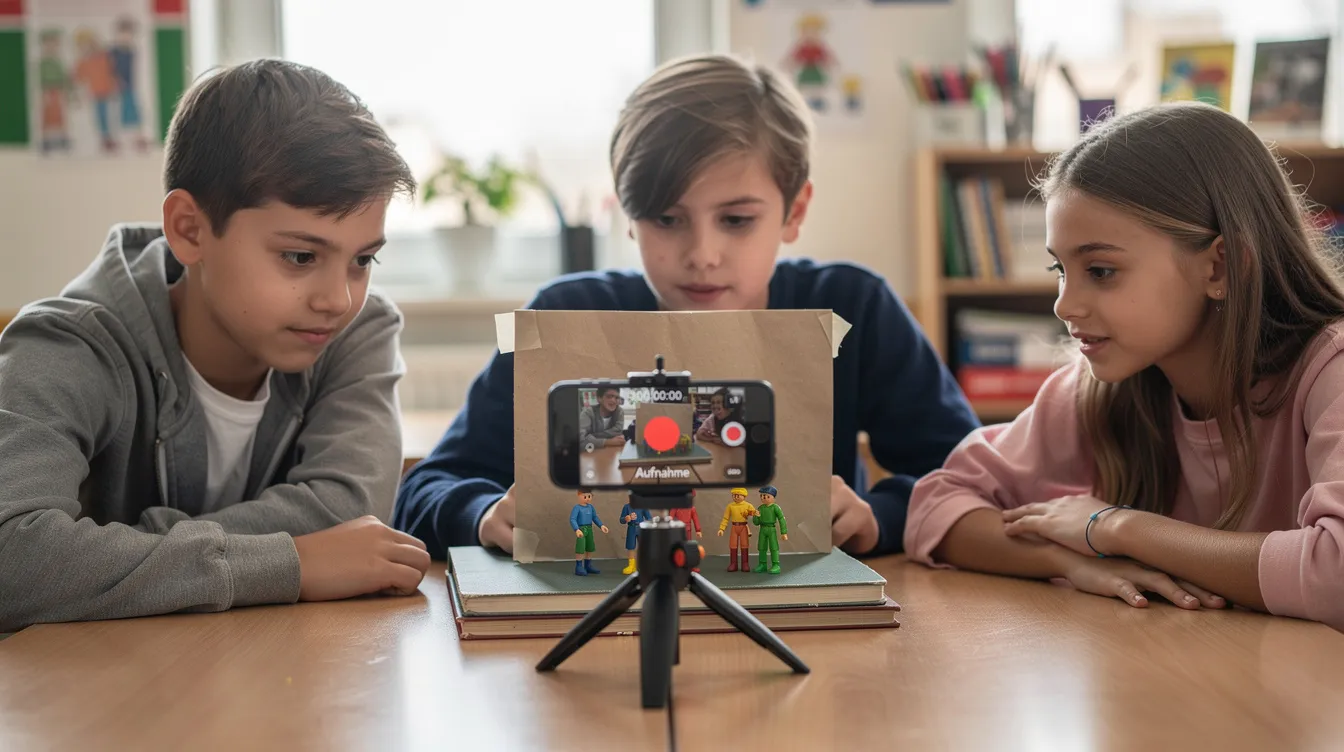 Drei Schüler sitzen an einem Tisch und arrangieren mit ihren Händen kleine Figuren vor einem Smartphone auf einem Stativ, um einen Stop-Motion-Film zu drehen. Die Szene zeigt die kreative Arbeit der Kinder, die mit Objekten und Bewegung experimentieren, um ein spannendes Animationsvideo zu erstellen.