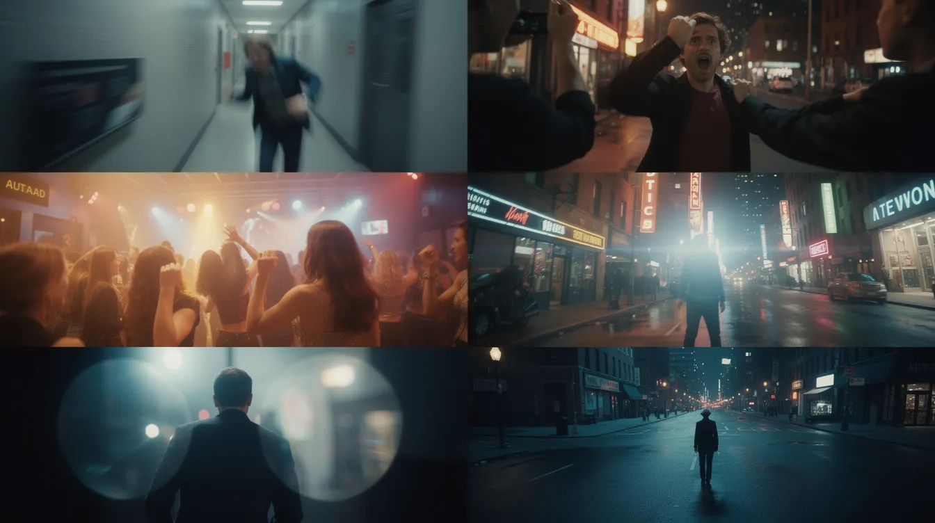 Die Collage zeigt verschiedene Filmszenen und Musikvideo-Momente, die mit körpermontierten Kameras (Snorricam) aufgenommen wurden und unterschiedliche Stimmungen wie Panik, Euphorie, Rausch und Einsamkeit vermitteln. Die Perspektive der Kamera lässt den Zuschauer die Emotionen der Charaktere hautnah erleben.